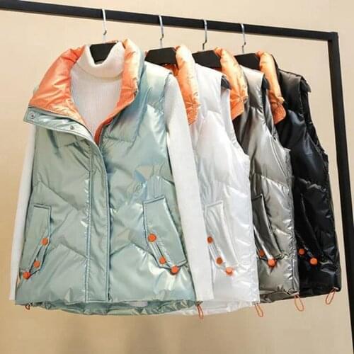2021 Women Winter Vest Stand Collar Short Glossy Cotton Padded Waistcoat Female Plus Size Casual Sleeveless Vest Jacket Outwear