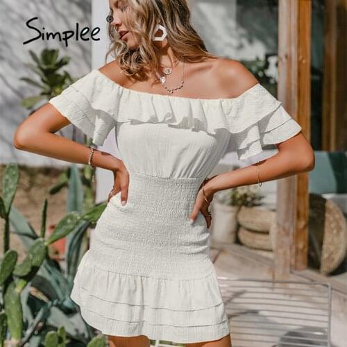 Simplee Off-shoulder Pink Ruffle Sheath Dress Women Retro Short Flared Sleeves Summer Dresses Casual Solid Bodycon Slim Vestidos