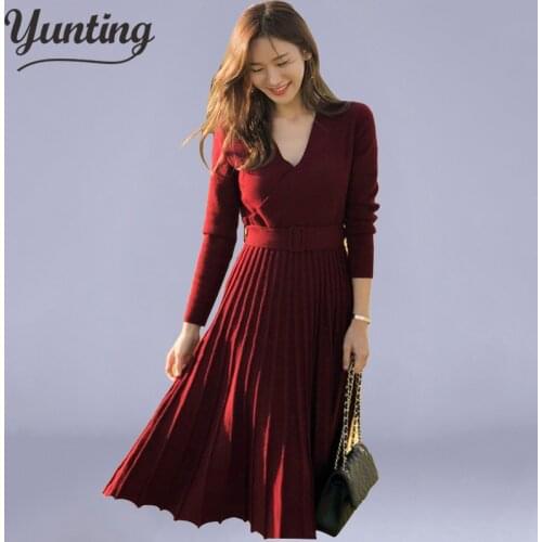 Lady Office Women Dress Spring And Autumn Dress Sexy Long Sleeve V Neck Knitting Dresses Elegant