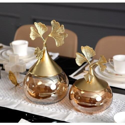 Gold Metal Ginkgo Leaf Water Drop Shape Glass Storage Tank Decor Modern Wine Cabinet Living Room Home Decoration Accessories