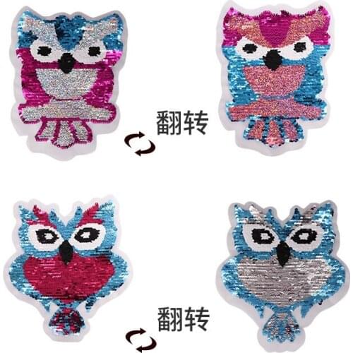 2PCS Cutie Owel Sequins EMB Applique Sew On Patch DIY Embroidered Bling Bling Owel double-faced Reversible Apparel Accessories