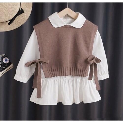 2021 Baby Girls Outfits Autumn Brand sweet Knitting Sweater Vest +Shirts dress Girls Clothing Sets Newborn baby Vest 2pcs/set