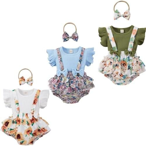 3pcs Lovely Baby Girls Clothes Sets Ruffles Short Sleeve T Shirts Flowers Bow Suspender Shorts Headband 2 orders