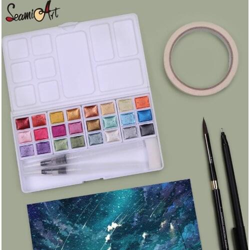 SeamiArt Pearl Watercolor Pigment 24Color Solid Metallic Water Color Paint Set for Drawing illustrations Art Supplies