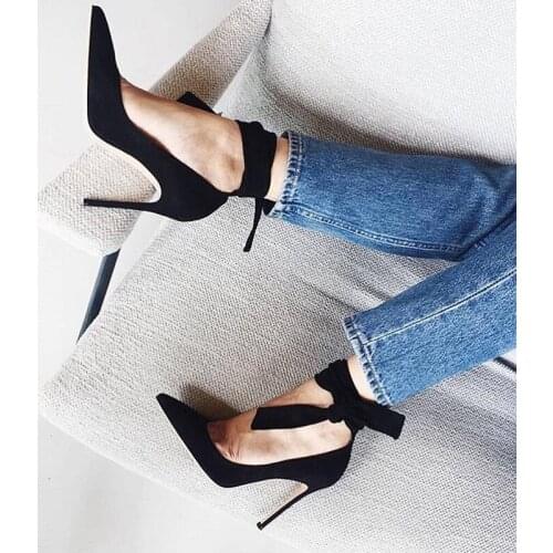 Free shipping fashion Casual Designer black suede point toe high heels ankle wrap strappy shoes pumps 10cm hot sale