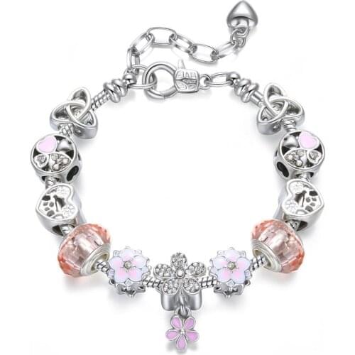 Pink Peach Blossom Crystal Bead Alloy Silver Plated Big Hole Bead Pandora-Style Bracelet
