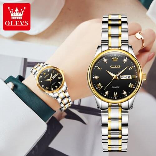 OLEVS Brand Top Luxury Ladies Gold Watch Female Dress Rhinestone Quartz Waterproof Watches Feminine Black dial Calendar Clock