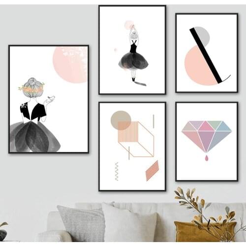 Girl Princess Ballet Diamond Geometry Wall Art Canvas Painting Nordic Posters And Prints Wall Pictures Kids Kawaii Room Decor
