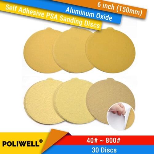 20PCS 6 inch Self Adhesive PSA Sanding Discs Sticky Back Sandpaper Gold Aluminum Oxide DA Sander Disc for Wood Metal Polishing