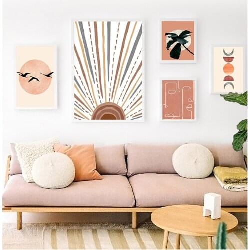 And Prints Wall Pictures For Living Room Home Decor Abstract Sun Face Moon Plant Orange Wall Art Canvas Painting Nordic Posters