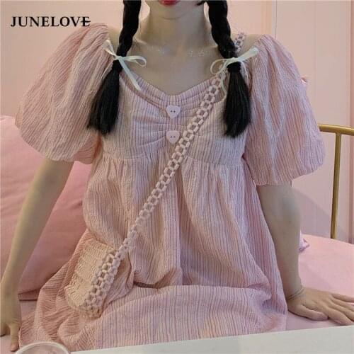 JuneLove Pink Elegant Sweet Dress Women Kawali Vintage Princess Sexy Mini Dress Desigber Puff Sleeve Solid Holiday Dress Summer
