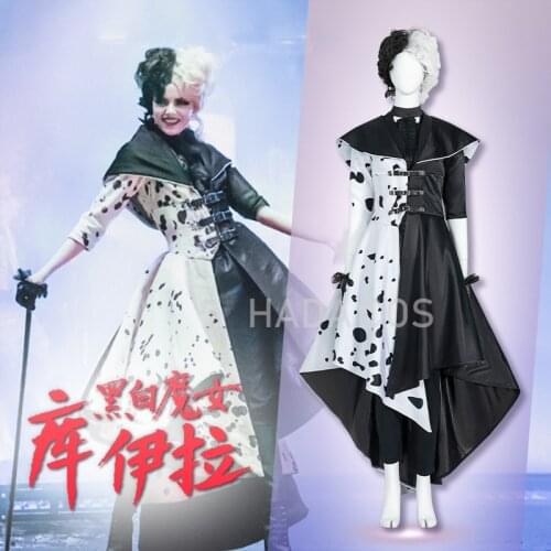 Movie Evil Madame Cruella De Vil Cosplay Costume Adult Women Gown Black White Maid Dress Hoodie Skirt Halloween Party Wig