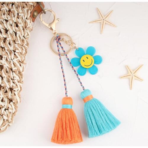 Colorful Handmade Tassel Keychain Smile Face Sunflower Key Ring Small Pure And Fresh Key Holder For Women Girls Lovely Gifts