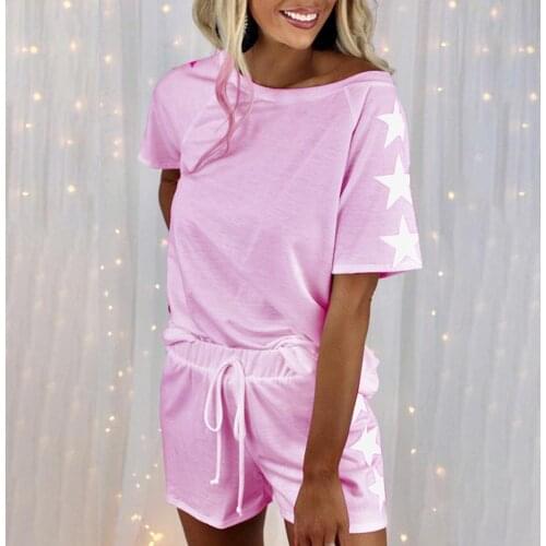 Summer Women Pajamas Outfit Five-pointed Star Print Drawstring Two-piece O Neck Short Sleeve T-shirt Shorts Set vetement femme