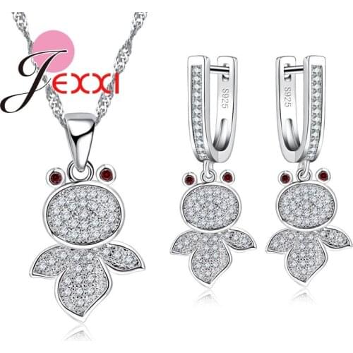 Cute Goldfish Pendant Necklace Earrings Women/Girls 925 Sterling Silver Fashion Jewelry Set Shiny Cubic Zirconia