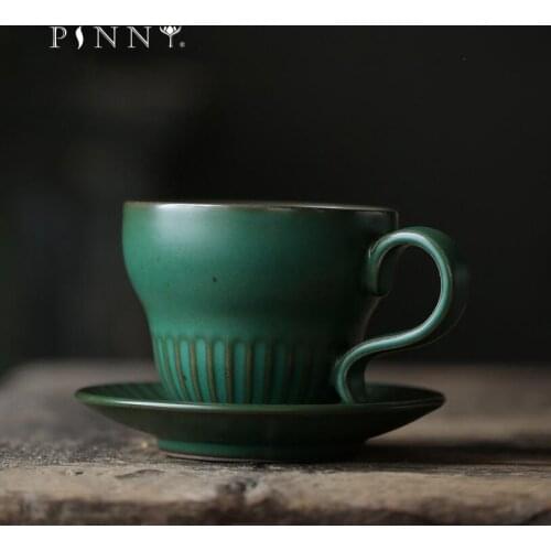 PINNY European Vintage Pottery Coffee Mugs Cup And Saucer Set Ceramic Glaze Tea Cup Nordic Style Cup