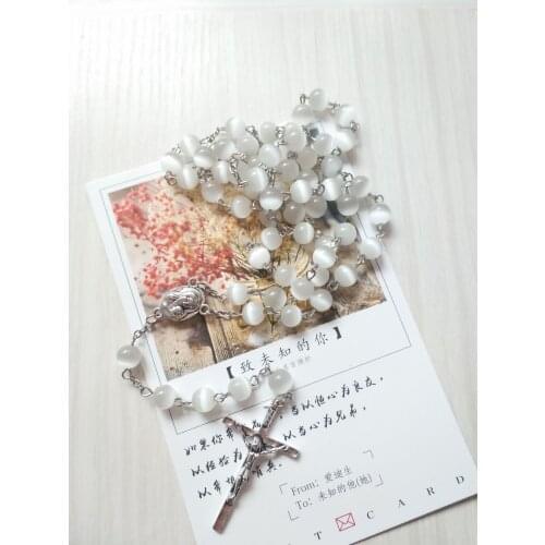 New White Opal Catholic Rosary Necklace Cross Jesus brings Good Luck Necklace