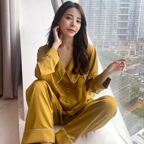 Fdfklak New 2 Pieces Silk Satin Pajamas Set 2021 Spring Women Sleepwear Long Sleeve Pijamas For Female Ladies Pyjamas