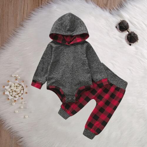 PUDCOCO Infant Kids Baby Boys Girls Long Sleeve Hooded Romper Plaid Pants Outfits Set US Support wholesale