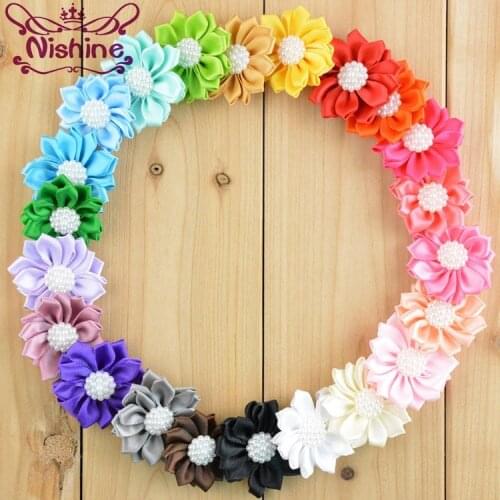 Nishine 10PCS Satin Ribbon Multilayers Fabric Flowers With Acrylic Pearl for Headbands Without Clips Girl DIY Hair Accessories