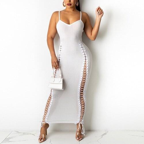 Sexy Spaghetti Strap Dresses Womens Bodycon Lace Lace Ankle Length Elegant Evening Night Party Club Clothes Long Dress 2021 New