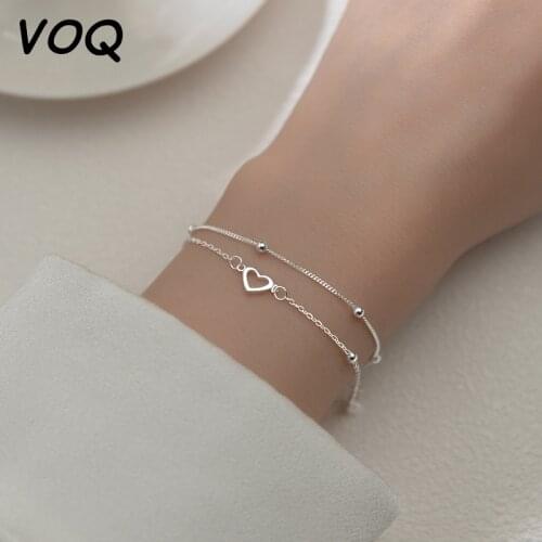 VOQ 925 Sterling Silver Double Hollow Round Bead Heart Bracelet Womens Sweet Chain Student Personality Bracelet