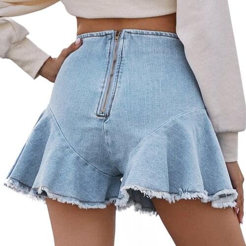 2021 summer high waist temperament commuter fashion denim ruffled zipper skirt