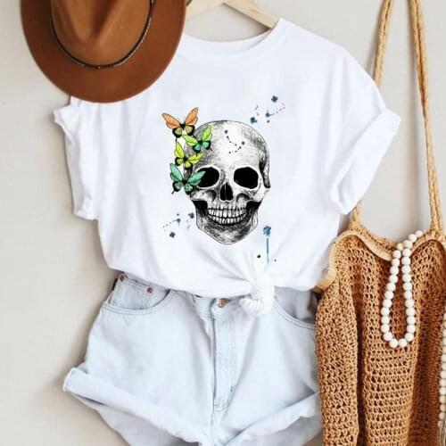 Women Cartoon Skull Watercolor New Short Sleeve Fashion Summer Lady Print Tee Graphic T Top Female Tshirts Clothes T-Shirt