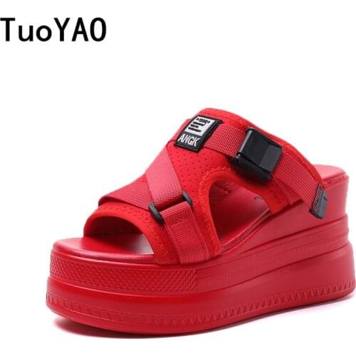 New Summer Buckle Slippers Womens Sandals 2021 Fashion Women 9CM Wedges Platform Shoes Open Toe Woman Flats Beach Flip Flops