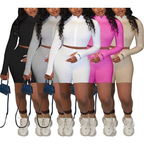 2021 New Style Women’s LUCKY LABEL Casual Two Piece Suits Fashion Solid Color Long Sleeve Zipper Crop Top and High Waist Shorts