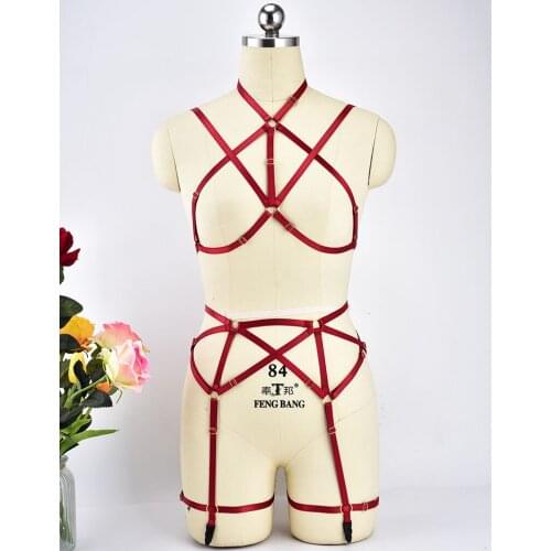 Women Full Body Harness Red Pentagram Top Strap Waist Belt Garter See Through Punk Goth Elastic Plus Size Rave Party Lingerie