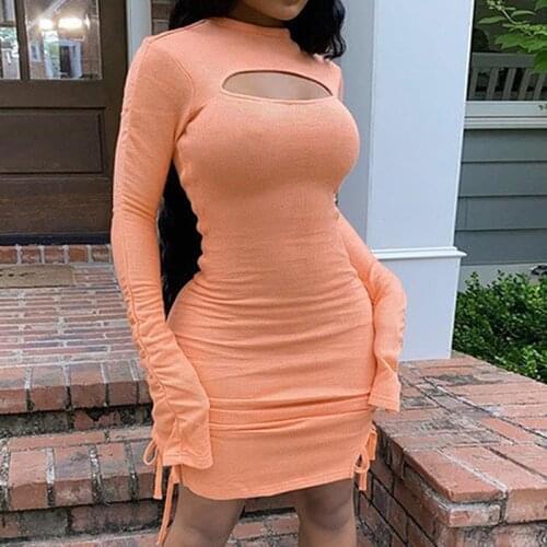 Hirigin Fashion Women Ladies Summer Sexy Casual Long Sleeve High Collar Side Drawstring Dress Female Hollow Party Dress Sundress