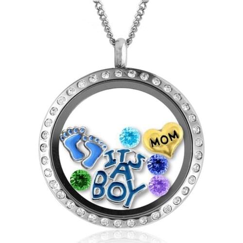 Living Floating Glass Memory charms Locket 25mm 30mm crystal Round medallion stainless steel locket fit necklace chain