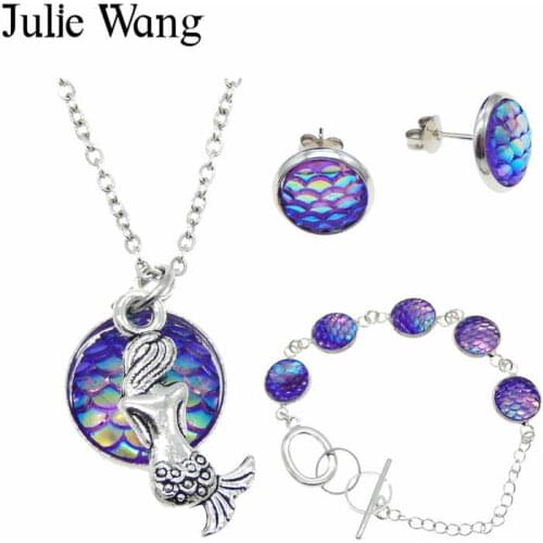 Julie Wang Handmade Resin 12mm Mermaid Fish Scale Cabochon Mermaid Fashion Necklace Bracelet Earrings Sets Women Jewelry Sets
