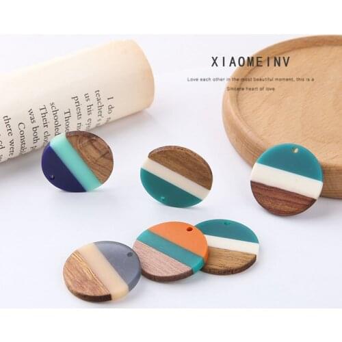 6pcs Korean Round Earrings For Women Spring Style Personality 28mm Wood And Resin Splicing Color Earrings Jewelry Accessories