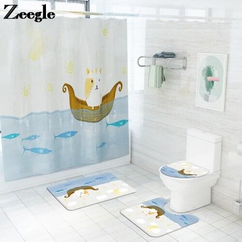 Anti-slip Floor Carpet and Waterproof Shower Curtain Set Bathroom Bath Mat Absorbent Toilet Carpet Flannel U-Shaped Toilet Rug