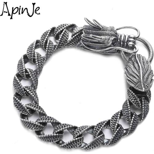 Apinje S925 Sterling Silver Bracelet Men Dragon Link Chain Vintage Fashion Jewelry