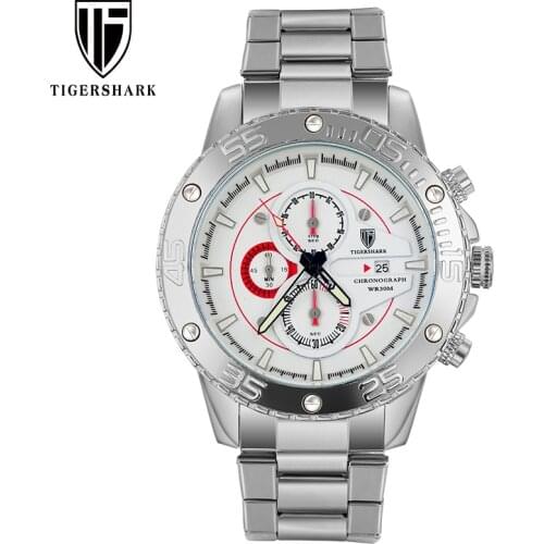 TIGERSHARK Men Sport Watches Silver Chronograph Stainless Steel Watch Luminous 30M Waterproof Fashion Watch Men Style