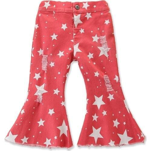 FOCUSNORM 1-6Y Fashion Kids Girl Pants Star Print Ripped Hole Button High Waist Wide-Leg Denim Flare Pants Winter Fall Clothes