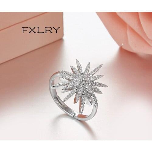 FXLRY High Quality S925 Sterling Silver CZ Delicate Star Charm North Star Sun Burst Open Adjust Knuckle Women Jewelry Ring