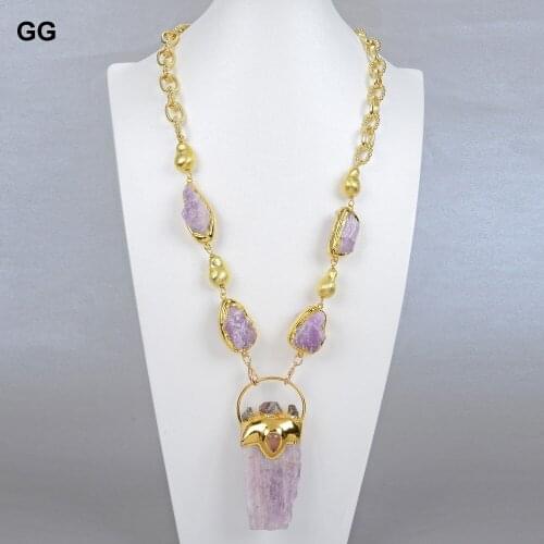 GuaiGuai Jewelry Natural Pink Kunzite Rough Raw Gold Color Plated Edge Brushed Bead Pendant Necklace 23" Vintage Style For Women