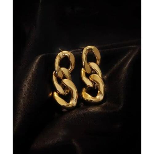 Korea Cuba Bright Gold Color Exaggerated Metal Chain Drop Earring Retro Punk Chain Earrings Vintage Jewelry