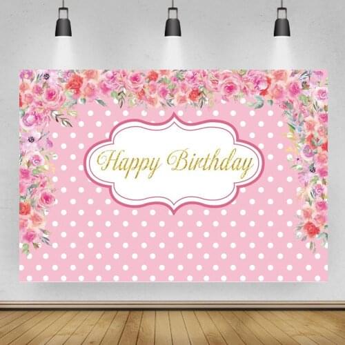 Red Flower Happy Birthday Backdrop for White Dots Pink Girl Birthday Party Photography Background Golden Border Birthday Banner