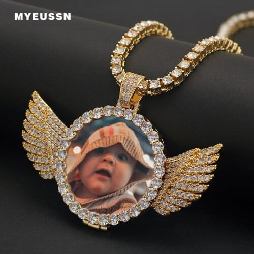 Custom Photo Medallions Copper Angel Wings Pendant/Necklace Men Iced Out Shiny Crystal Cubic Zircon Tennis Chain Hip Hop Jewelry