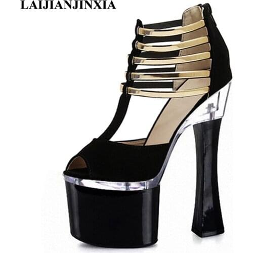 LAIJIANJINXIA 2018 Sexy Peep Toe Womens 18cm TSquare High Heels Pole Dance Shoes Party Dancing Shoes Clear Platform Sandals