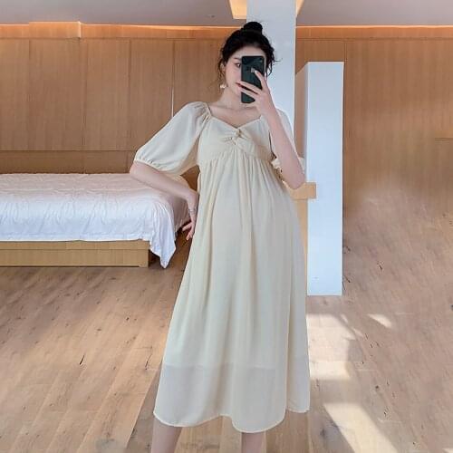 9988# Summer Korean Fashion Chiffon Maternity Long Dress V Neck Slim High Waist Loose Clothes for Pregnant Women Pregnancy