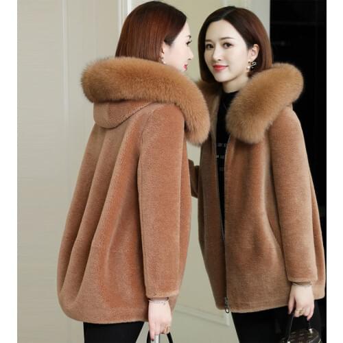 Fur Coat Fox Fur Collar Wool Jacket Women Autumn Winter Hooded Coat Clothes Sheep Shearling Korean Vintage Female Tops Outwear
