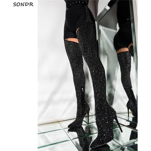 Fashion Full Crystal Stud Over The Knee Boots Luxury Party High Heels Shoes 2020 Femme Crotch Thigh High Long Black Boots Women