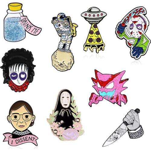 Cartoon Face Enamel Brooch UFO Astronaut Pizza dagger knife No face man Cool boy Female judges Bottle Custom Badge Lapel Pin