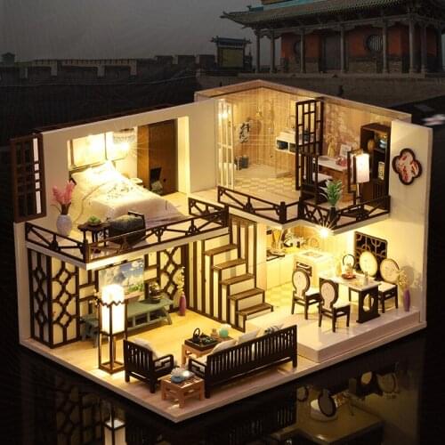 DIY Wooden Dollhouse Kits Miniature with Furniture Japanese Loft Villa Doll House Casa Assembled Toys for Girls Adults Gifts
